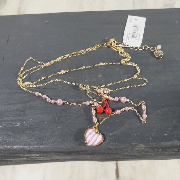 NWT Cute FUN! Betsey Johnson Triple Three Strand Heart Cherry Necklace Pink - Picture 5 of 8